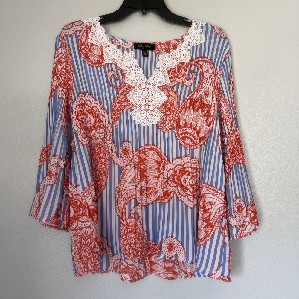 Melissa Paige Women's Petite Medium Pleated Long Sleeve Coastal Blue Blouse Doll